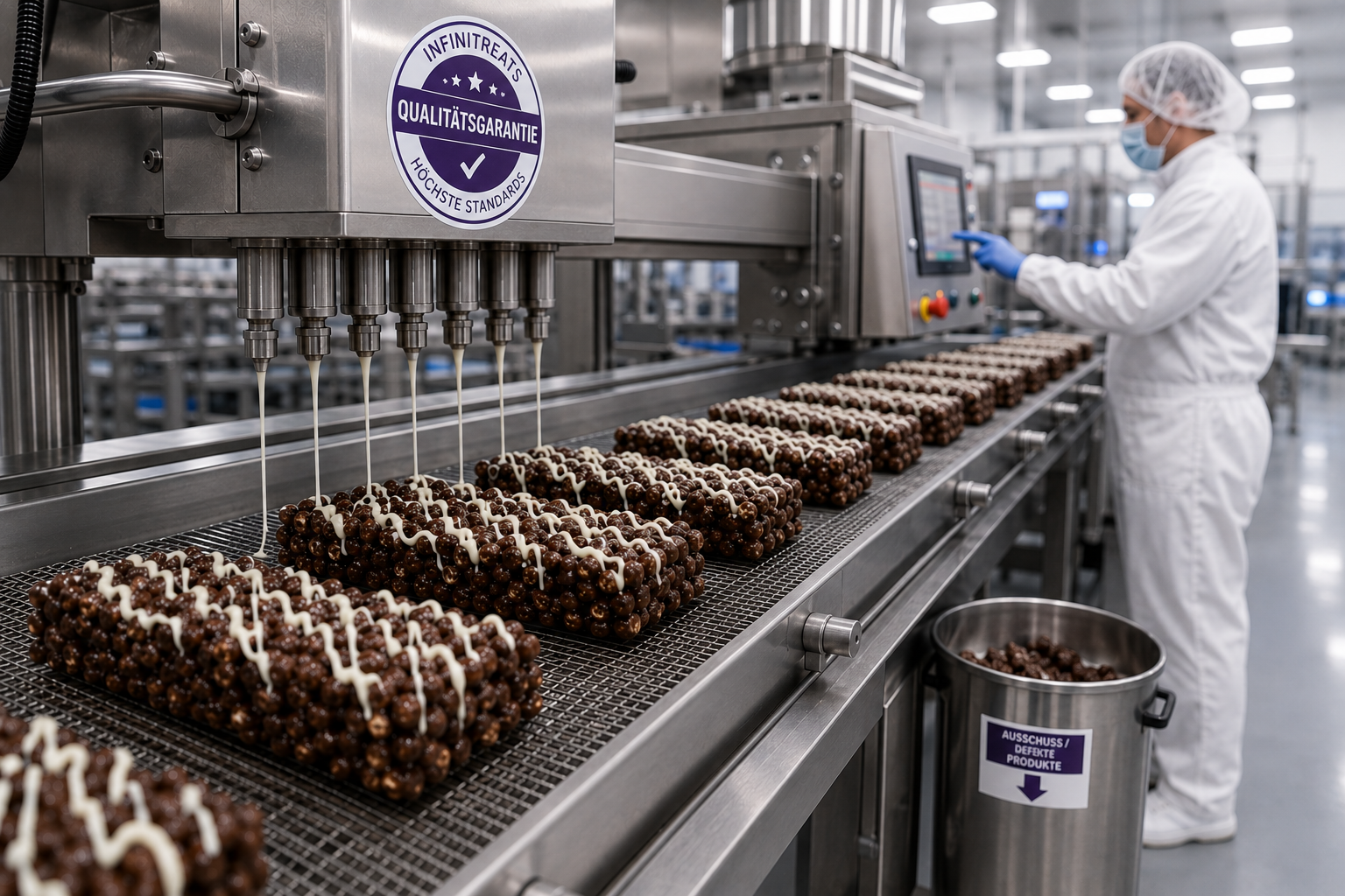 INFINITREATS bars on the production line, freshly coated in white chocolate drizzle